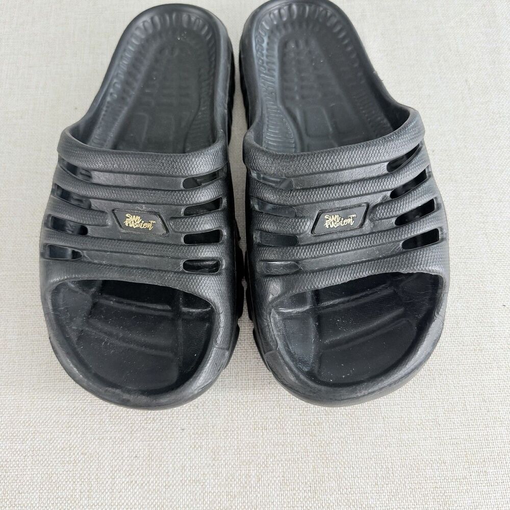 Vintage Y2K Sun Fusion Black Slide Sandals Size 4/37 Chunky Rubber Pool Shoes